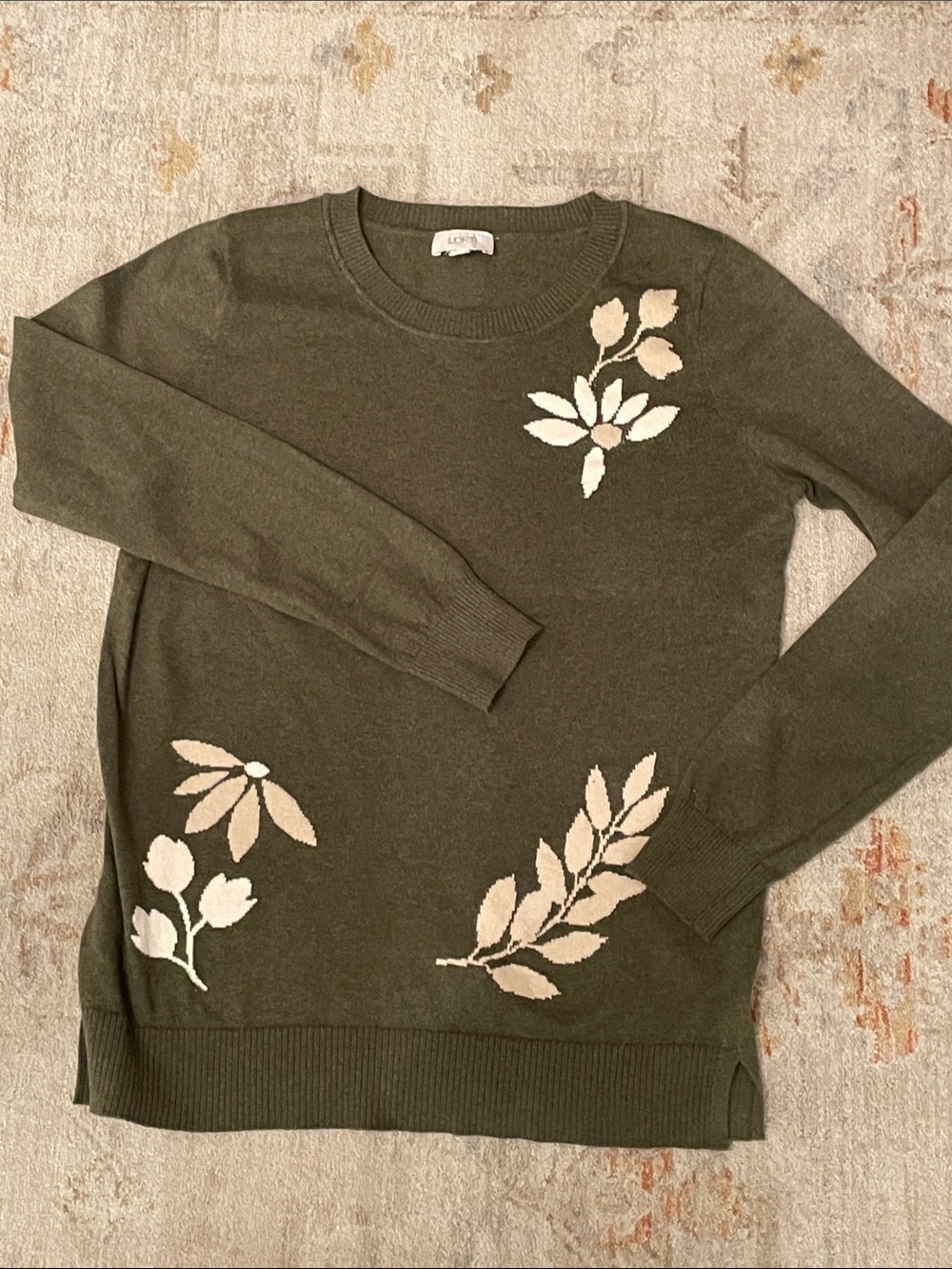 LOFT Olive Green Crewneck Sweater with Cream Floral Motif. Medium